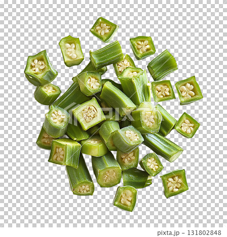 Sliced green okra pods and pieces on transparent background 131802848