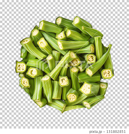 Freshly cut okra pieces are piled on transparent background 131802851