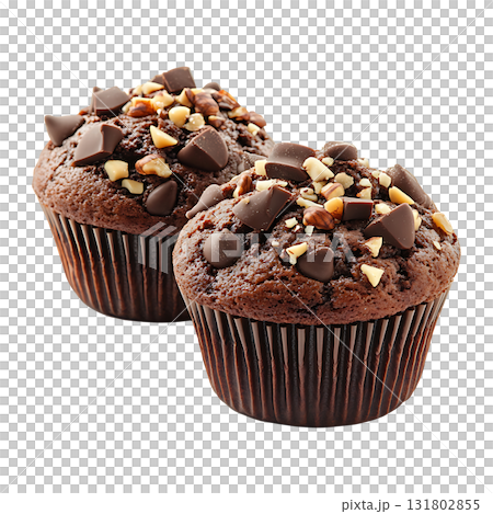 Two delicious chocolate muffins are topped with nuts on transparent background Two delicious chocolate muffins are topped with nuts on transparent background 131802855