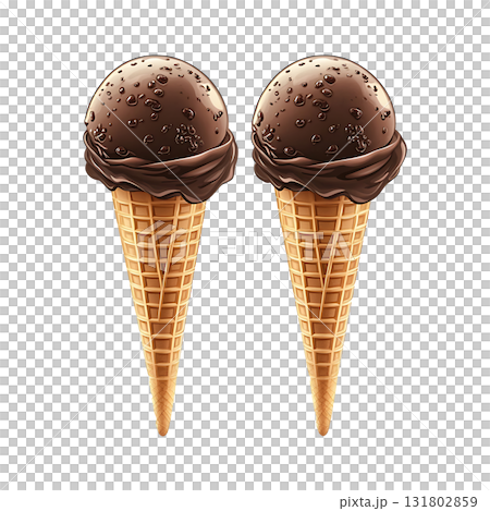 Two chocolate ice cream cones sit beside each other on transparent background Two chocolate ice cream cones sit beside each other on transparent background 131802859