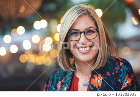 Mockup, night and portrait of woman in city with bokeh, lights and blurred background, happy and excited. Face, female and traveller relax in urban town for fun, explore and break, trip and smile Mockup, night and portrait of woman in city with bokeh, lights and blurred background, happy and excited. Face, female and traveller relax in urban town for fun, explore and break, trip and smile 131802938