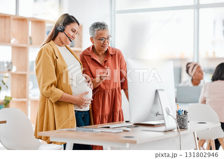 Call center, pregnant and women on computer in office or workplace for customer service. Pregnancy, telemarketing and collaboration of happy manager talking with employee, consultant or sales agent. Call center, pregnant and women on computer in office or workplace for customer service. Pregnancy, telemarketing and collaboration of happy manager talking with employee, consultant or sales agent. 131802946