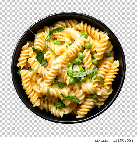 Top down view of spiral pasta with peas on transparent background Top down view of spiral pasta with peas on transparent background 131803052