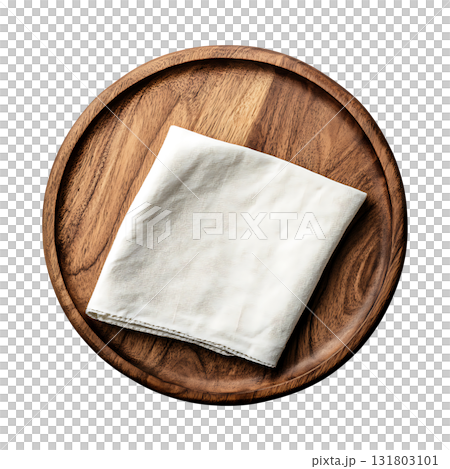 Folded white linen cloth rests upon a round wooden tray on transparent background Folded white linen cloth rests upon a round wooden tray on transparent background 131803101