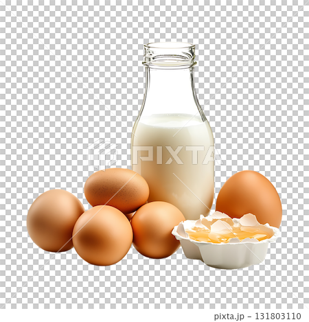 Fresh eggs alongside milk bottle showcasing kitchen ingredients on transparent background 131803110