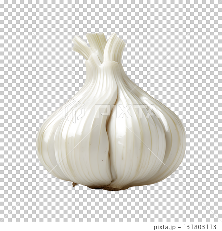 Fresh, ripe garlic bulb displays its segments on transparent background Fresh, ripe garlic bulb displays its segments on transparent background 131803113