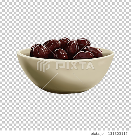 Creamy bowl filled with multiple glossy dark brown dates on transparent background Creamy bowl filled with multiple glossy dark brown dates on transparent background 131803115