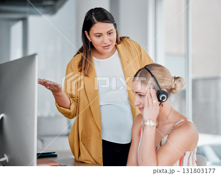 Call center, angry manager and agent at computer in office with pregnant woman, anxiety and fail at desk. Women, frustrated coach and desktop for tech support, customer service or workplace mistake Call center, angry manager and agent at computer in office with pregnant woman, anxiety and fail at desk. Women, frustrated coach and desktop for tech support, customer service or workplace mistake 131803177