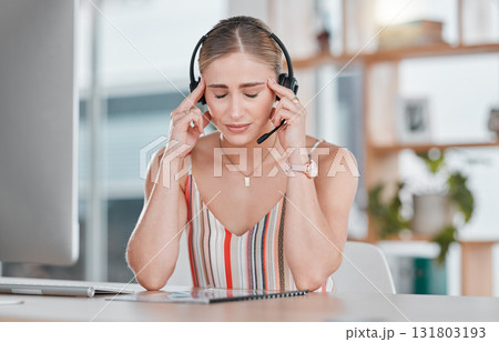 Stress, headache and burnout woman in call center feeling pain, tired or exhausted. Customer service, mental health and female sales agent with depression, anxiety or migraine in office workplace. Stress, headache and burnout woman in call center feeling pain, tired or exhausted. Customer service, mental health and female sales agent with depression, anxiety or migraine in office workplace. 131803193