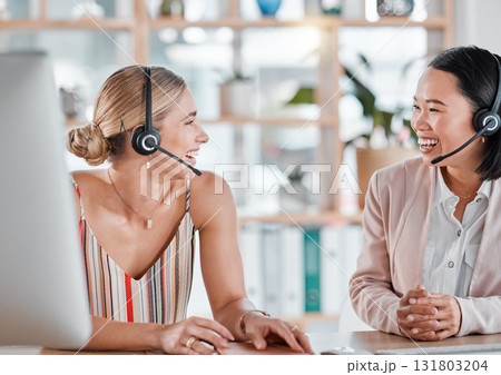 Call center, customer service and women consultants talking or helping with consultation online. Contact us, customer support and female telemarketing agents planning crm strategy together in office. 131803204