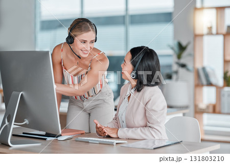 Telemarketing, manager help consultant and conversation for new process, system and schedule. Tech support, women and female employees with client service, talking and discussion in modern office 131803210
