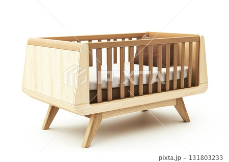 Modern wooden crib designed for infants with a minimalist aesthetic and neutral colors 131803233