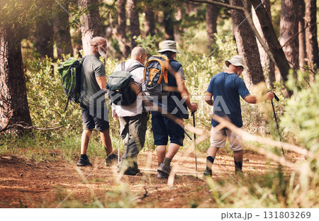 Hiking, trekking and group of friends in forest for adventure, freedom and cardio wellness on mountain trail. Travel, sports and back of senior hikers for exercise, fitness and walking in retirement Hiking, trekking and group of friends in forest for adventure, freedom and cardio wellness on mountain trail. Travel, sports and back of senior hikers for exercise, fitness and walking in retirement 131803269