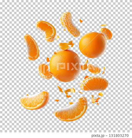 Several fresh oranges and segmented fruit pieces float on transparent background 131803270