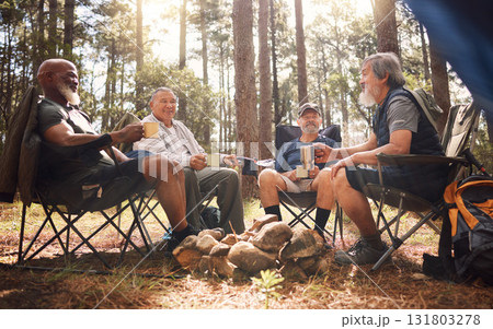 Senior people, friends and camping with coffee in nature for travel, adventure or summer vacation on chairs in forest. Group of elderly men relax, talking or enjoying camp out by trees in the woods Senior people, friends and camping with coffee in nature for travel, adventure or summer vacation on chairs in forest. Group of elderly men relax, talking or enjoying camp out by trees in the woods 131803278