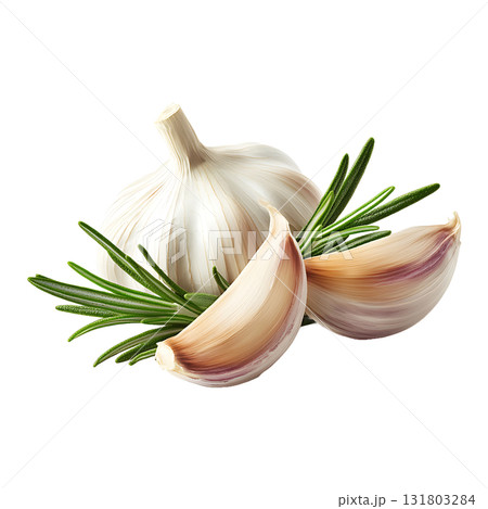 Whole garlic bulb with cloves and fresh rosemary sprigs are displayed on transparent background 131803284
