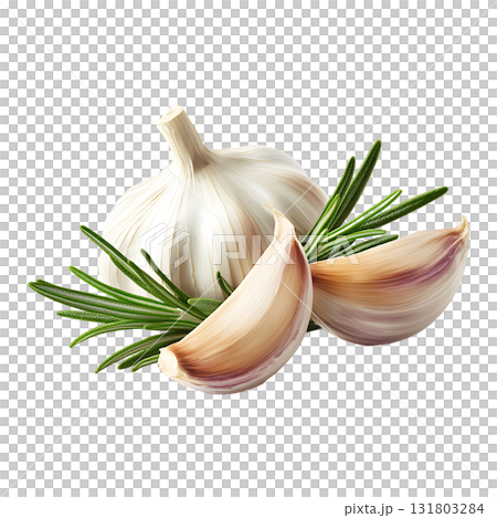 Whole garlic bulb with cloves and fresh rosemary sprigs are displayed on transparent background 131803284