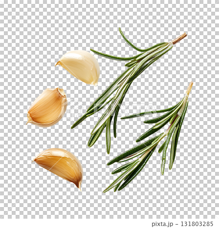 Closeup of fresh garlic cloves and rosemary sprigs arranged artfully on transparent background 131803285