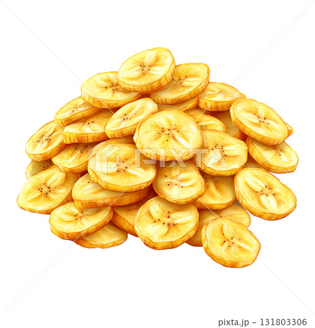 Sliced bananas form a pile, appearing vibrant and fresh on transparent background 131803306
