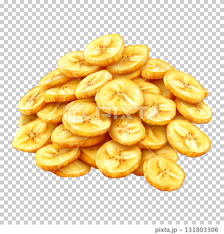 Sliced bananas form a pile, appearing vibrant and fresh on transparent background 131803306