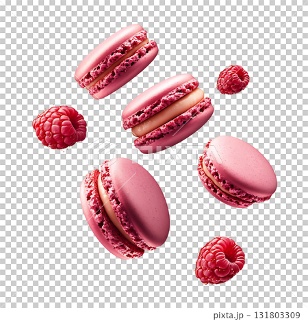 Pink macarons and raspberries are floating together beautifully on transparent background Pink macarons and raspberries are floating together beautifully on transparent background 131803309