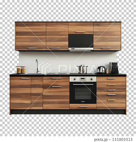 Modern kitchen with wood grain cabinets on transparent background 131803313