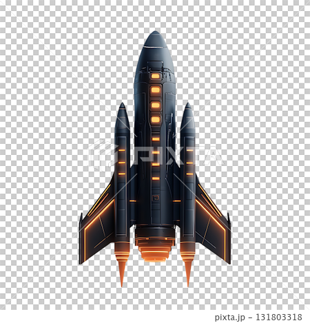 Detailed rocket ascends with bright orange accents and propulsion glow on transparent background 131803318