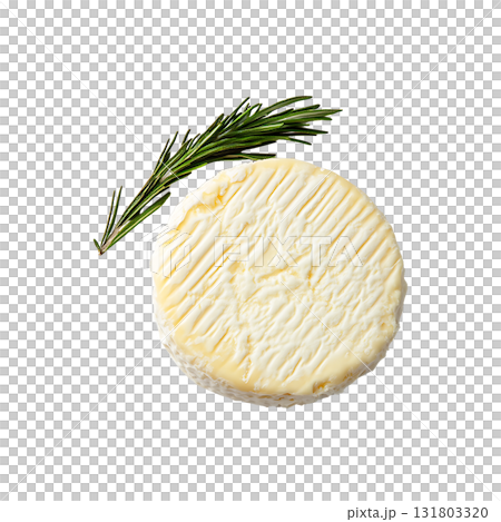 A camembert cheese sits next to a sprig of rosemary on transparent background 131803320