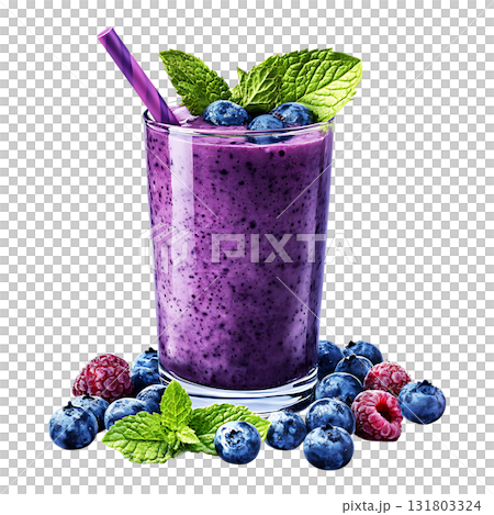 A glass of fresh blueberry raspberry smoothie with mint leaves on transparent background 131803324
