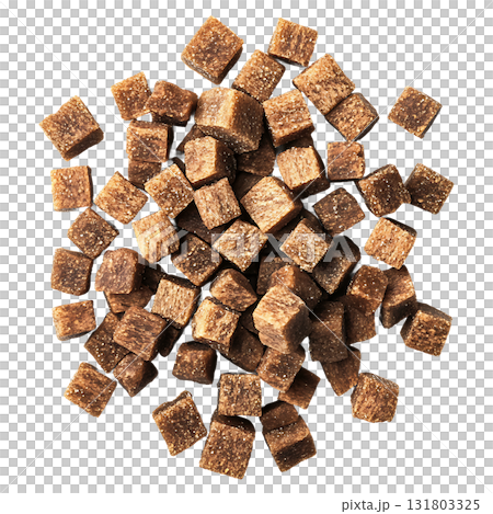 A pile of brown sugar cubes is scattered on transparent background 131803325