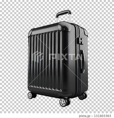 Black rolling suitcase with handle, telescopic bar, and wheels on white background 131803363
