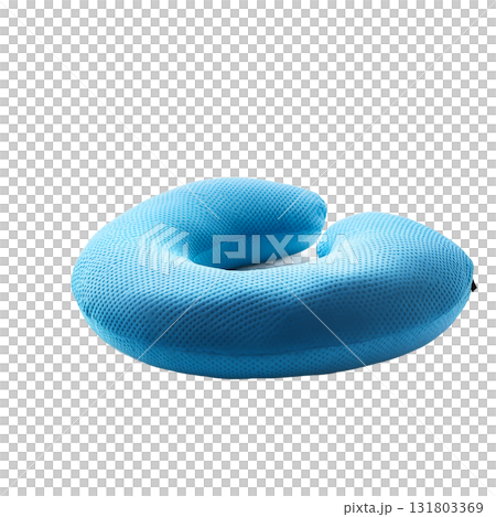 Blue textured memory foam Ushaped pillow is displayed in a detailed studio shot on transparent background 131803369