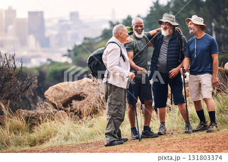 Hiking, support and hug with old men on mountain for fitness, trekking or adventure with city mockup. Motivation, discovery and travel with group of friends on trail for health, retirement or journey 131803374