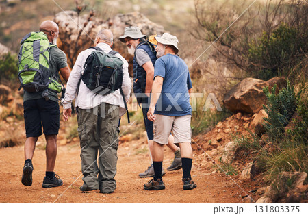 Hiking, travel and walk with old men on mountain for fitness, trekking and backpacking adventure. Explorer, discovery and group with elderly friends in nature for health, retirement and journey 131803375