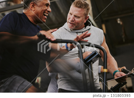 Cardio, personal trainer and senior man in gym fitness with progress checklist and writing exercise results. Coaching, lose weight and sports worker helping african person on running machine workout 131803393