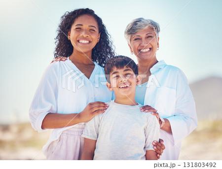 Portrait of mom, grandma and child with smile and happy family bonding together on outdoor vacation. Sun, fun and happiness for mother, old woman and boy on summer holiday travel to relax in Mexico. 131803492