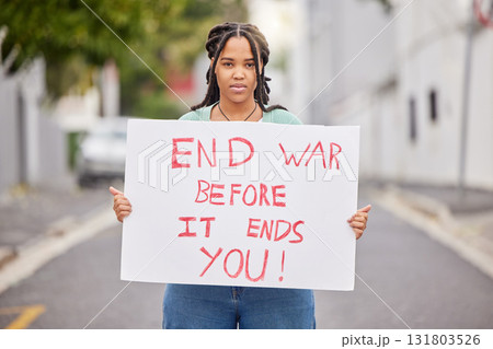 War protest, portrait and poster woman rally to stop Ukraine conflict, human rights support or global violence. Black student banner, city street or social justice warrior fight for government change War protest, portrait and poster woman rally to stop Ukraine conflict, human rights support or global violence. Black student banner, city street or social justice warrior fight for government change 131803526