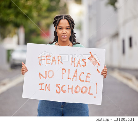 Protest portrait, poster and city student rally for human rights support, USA gun control or stop school shooting. Students banner, global justice and teen black woman march for government law change Protest portrait, poster and city student rally for human rights support, USA gun control or stop school shooting. Students banner, global justice and teen black woman march for government law change 131803531