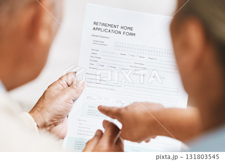 Contract, hands or senior couple with retirement paper agreement, reading legal documents or home application. Compliance, form questions or senior people reading info for safety or security together 131803545