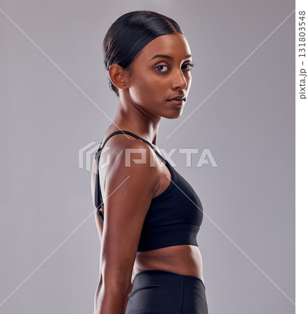 Fitness, training and gym with portrait of indian woman for sports, workout and wellness goals. Exercise, diet and mindset with girl athlete for mission, cardio and motivation in studio background 131803548