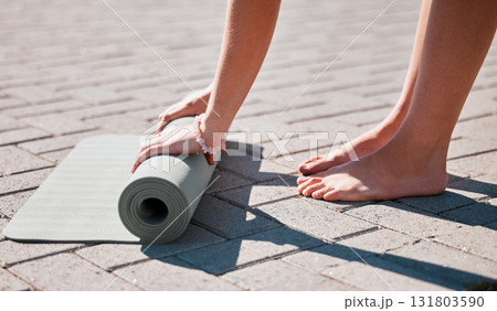 Stretching, roll and feet of woman with yoga mat for pilates, mediation and workout training. Zen, health and motivation with hands of girl on ground ready for mindfulness, relax and wellness 131803590