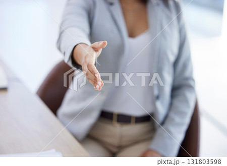 Business woman, welcome or handshake for job interview, hr recruitment or human resources introduction in corporate office. Collaboration, greeting or partnership gesture for worker or hiring manager 131803598