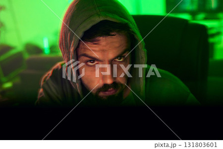 Computer hacker, face or neon man hacking online database software, website server or password phishing. Green ransomware developer, cyber security programming or night programmer coding malware code Computer hacker, face or neon man hacking online database software, website server or password phishing. Green ransomware developer, cyber security programming or night programmer coding malware code 131803601