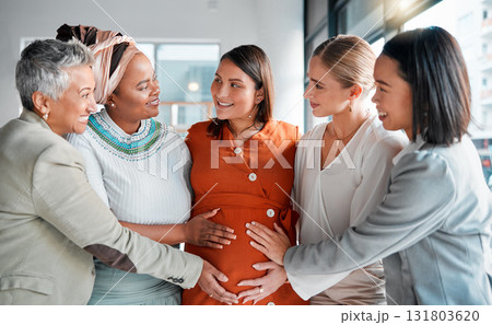 Happy, smile and pregnant woman at her baby shower with her friends to celebrate pregnancy. Happiness, excited and women supporting prenatal female with friendship on maternity leave at office party. 131803620