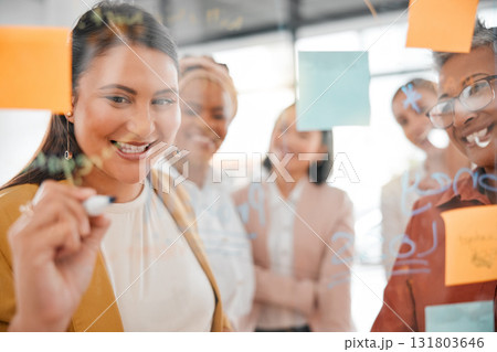 Planning, business ideas or happy woman writing a marketing strategy, advertising plan or branding solutions. Sticky notes, meeting or employees working on a global startup project or team goals 131803646