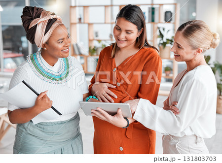 Planning, tablet and collaboration with business people and pregnant woman for research, advertising or sales. Digital marketing, website and technology with women for diversity, internet or strategy 131803703