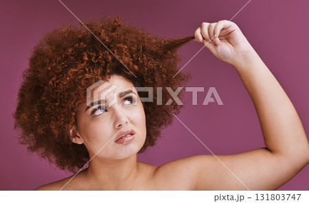 Face stress, hair loss or afro on beauty studio background in grooming, texture anxiety or fail. Woman, hand or natural hairstyle with damage, split ends or frizzy knot on isolated skincare backdrop 131803747