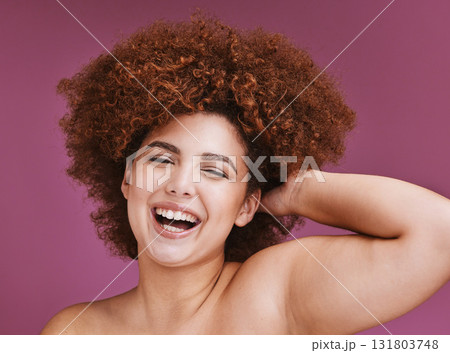 Laughing woman, portrait or afro hairstyle on isolated studio background in plus size wellness, curly growth or salon target goals. Smile, happy or beauty with natural hair texture on skincare studio Laughing woman, portrait or afro hairstyle on isolated studio background in plus size wellness, curly growth or salon target goals. Smile, happy or beauty with natural hair texture on skincare studio 131803748