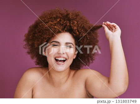 Woman, portrait or hair growth afro on isolated purple background in plus size success, curly progress or salon target goals. Smile, happy or beauty with natural hairstyle texture on skincare studio 131803749