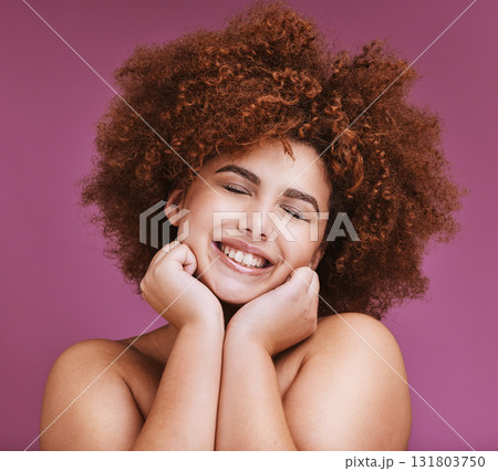 Woman, afro hair or face hands on isolated studio background in plus size wellness, curly growth or salon target goals. Smile, happy or beauty model and natural hairstyle texture on skincare backdrop 131803750